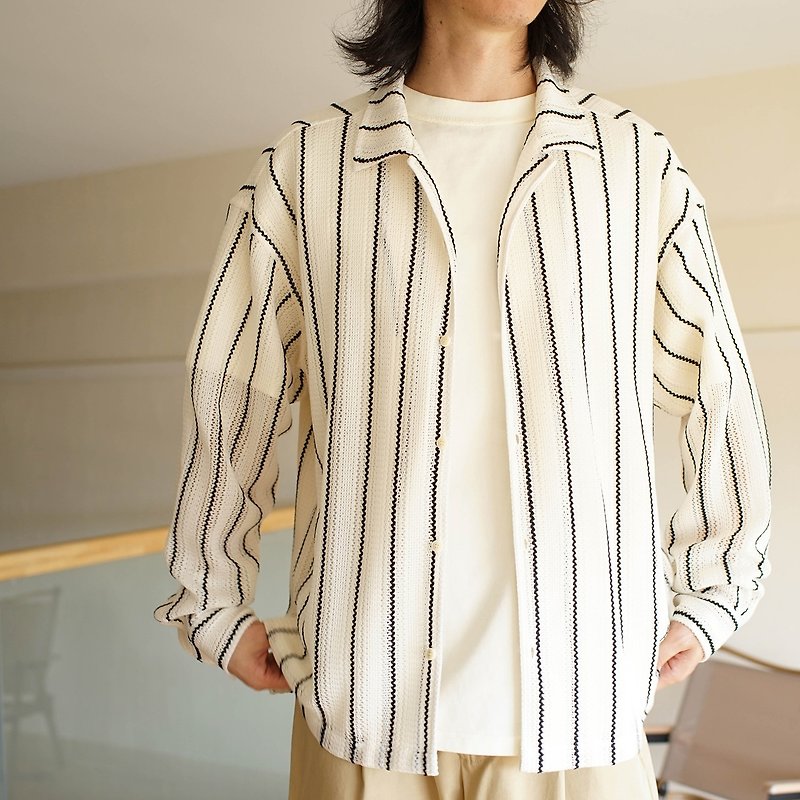 Cellular Shirt Long Sleeve Striped Textured Cutout Shirt - เสื้อเชิ้ตผู้ชาย - วัสดุอื่นๆ ขาว