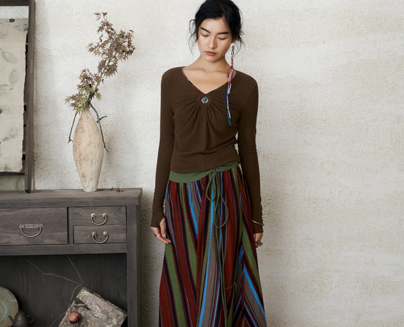 【異域詩畫】新中式復古藏風 綠松石解構上衣/半身裙 - 女上衣/長袖上衣 - 棉．麻 咖啡色