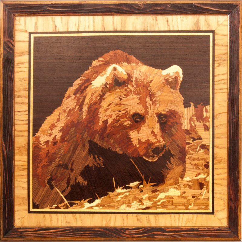 Grizzly Bear wildlife wood mosaic wild nature eco gift inlay framed panel wall - 壁貼/牆壁裝飾 - 木頭 橘色