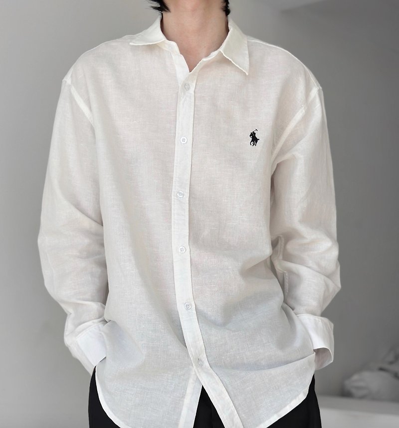 French minimalist Linen old money style long-sleeved shirt - เสื้อเชิ้ตผู้ชาย - วัสดุอื่นๆ ขาว