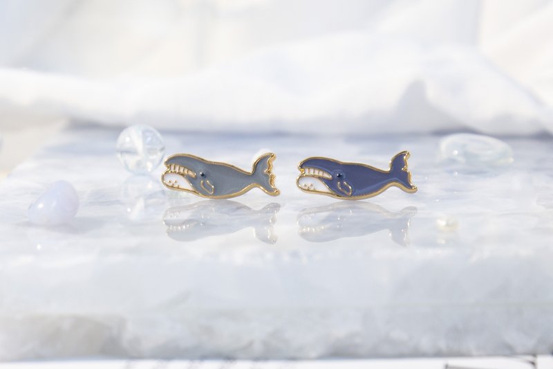 弓頭鯨 Bowhead whale 鯨魚 海洋 夾式耳環 醫療鋼針 生日禮物 - 耳環/耳夾/耳骨夾 - 琺瑯 藍色