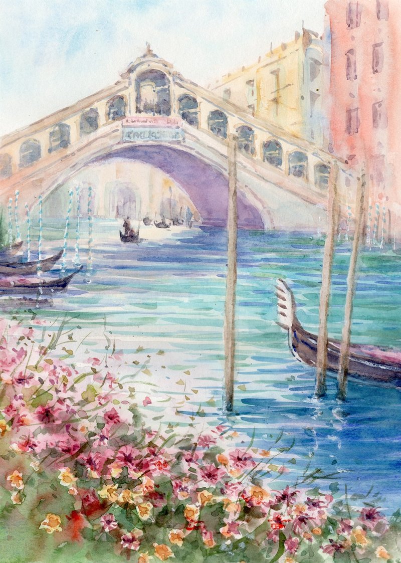 Made to order: Original watercolor painting: Venice, Rialto Bridge 3 - โปสเตอร์ - กระดาษ สีน้ำเงิน