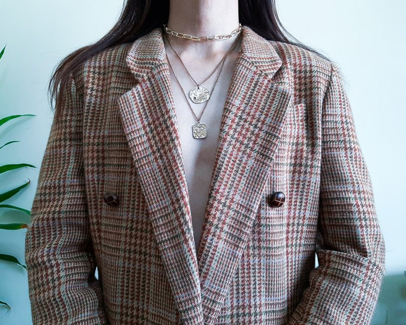 Vintage Wool Plaid Double Breasted Blazer Size M Womens Blazer Mens Blazer - เสื้อสูท/เสื้อคลุมยาว - ขนแกะ สีนำ้ตาล