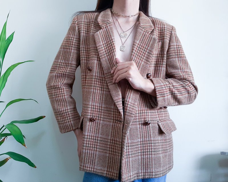 Vintage Brown Wool Plaid Blazer Double Breasted Size M Womens Blazer Mens Blazer - เสื้อสูท/เสื้อคลุมยาว - ขนแกะ สีนำ้ตาล