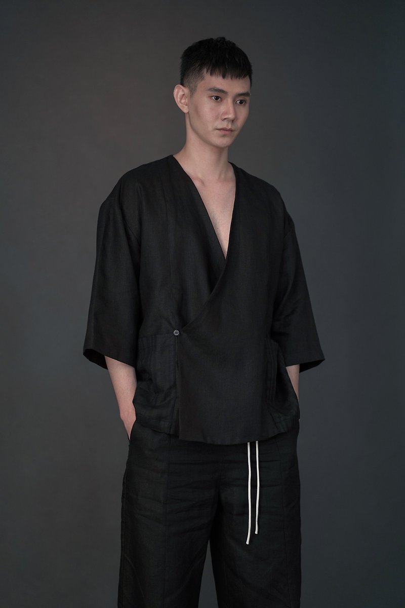 Wrapped Button Kimono - 男夾克/外套 - 亞麻 黑色