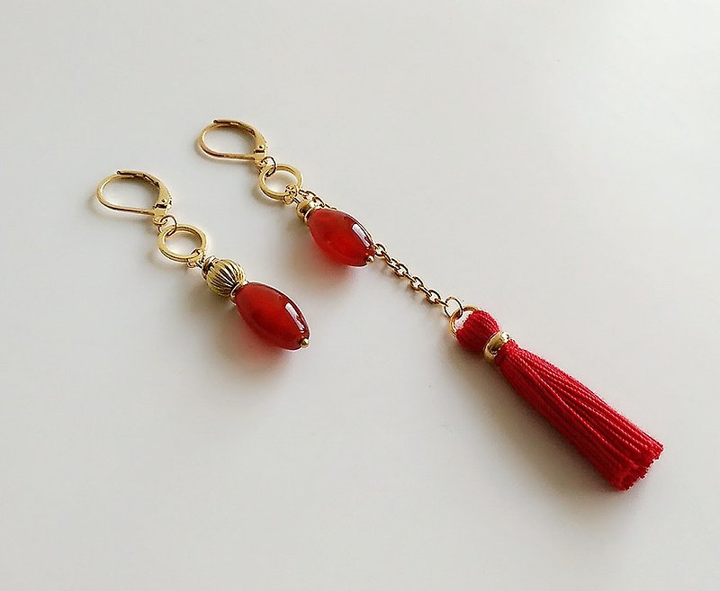 [Gemstones] Handmade Natural Ore Agate Brass Fringes • Earrings (changeable clip type) - Earrings & Clip-ons - Gemstone Red