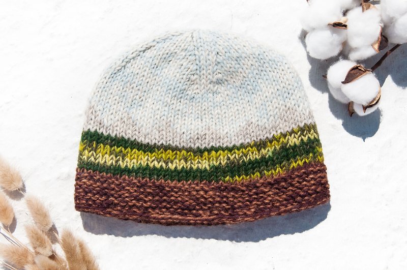Woven Pure Wool Hat/Knitted Hat/Knitted Woolen Hat/Inner Brush Hand Knitted Woolen Hat/Knitted Hat-Blue Sky Grassland - Hats & Caps - Wool Multicolor
