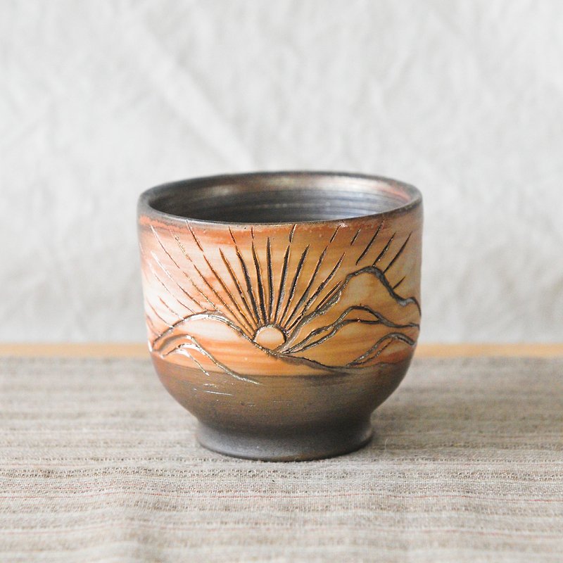 太陽と月の金の薪のカップ3で作られた薪の陶器 - 急須・ティーカップ - 陶器 ブラウン