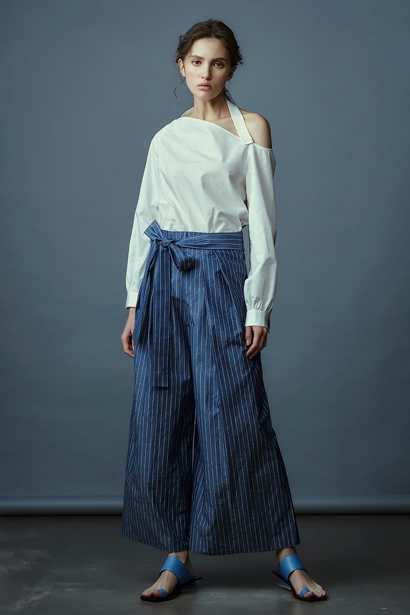 Off-season sale blue and white striped long wide pants - กางเกงขายาว - ผ้าฝ้าย/ผ้าลินิน สีน้ำเงิน