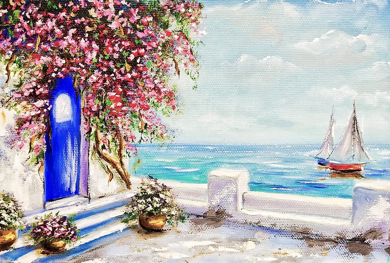 Hadmade Oil Painting Greece Seascape Painting on Canvas 掛畫, 油畫原作 - โปสเตอร์ - ผ้าฝ้าย/ผ้าลินิน หลากหลายสี
