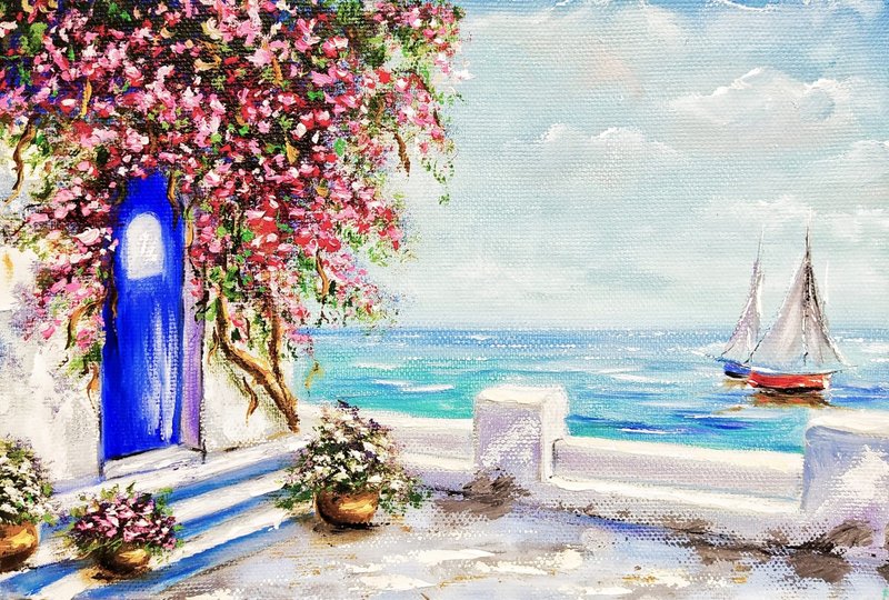 Hadmade Oil Painting Greece Seascape Painting on Canvas 掛畫, 油畫原作 - โปสเตอร์ - ผ้าฝ้าย/ผ้าลินิน หลากหลายสี