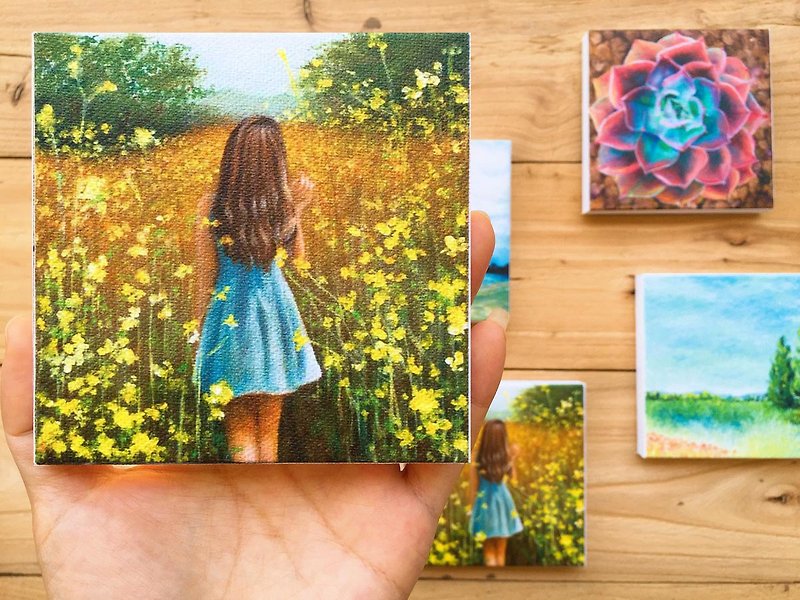 Girl and Flowers Small Canvas Print.Yellow Meadow Woman Portrait Tiny Art Decor. - Posters - Cotton & Hemp 