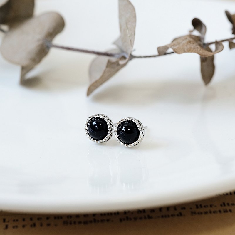 黑瑪瑙 Onyx 925純銀 耳環 簡約素款 - 耳環/耳夾 - 純銀 黑色