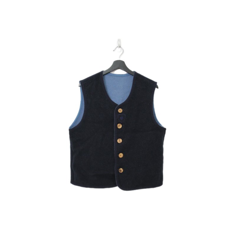 Back to Green-復古毛料背心 兩面可穿 藍愛心 v-34/sweater vest - 背心/無袖上衣 - 羊毛 
