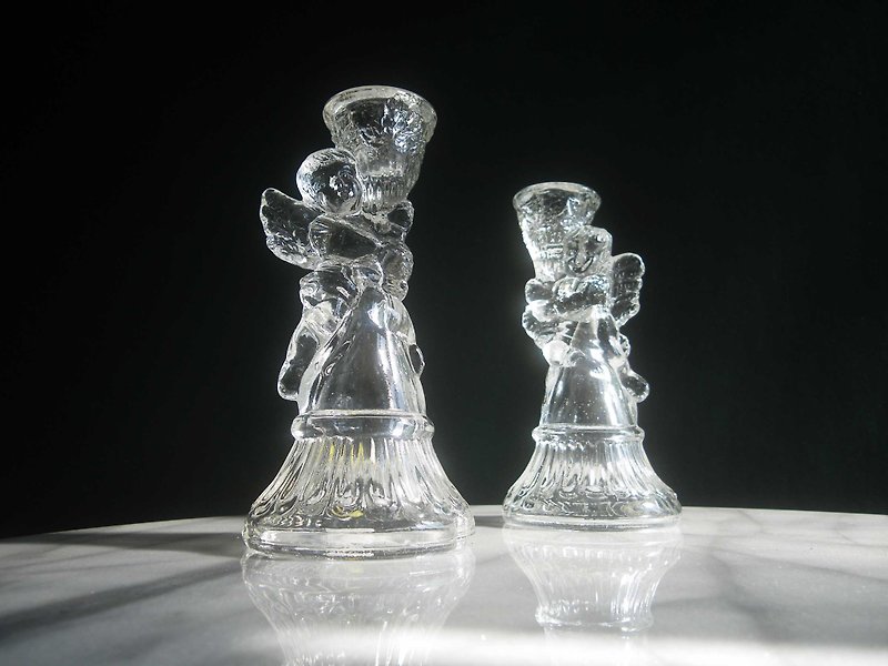 【OLD-TIME】A pair of early second-hand Taiwanese angel glass candle holders