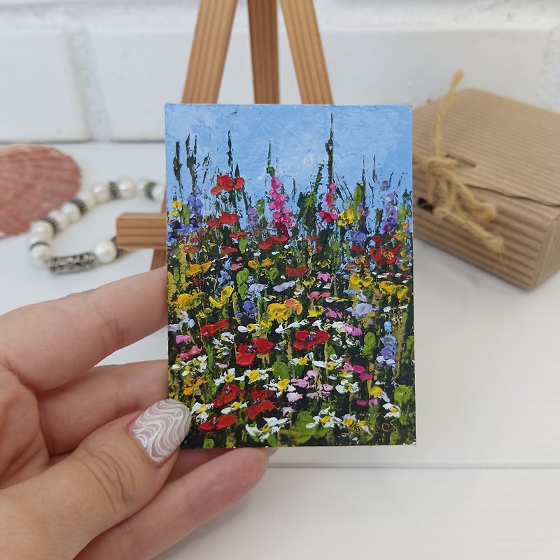 Meadow Painting ACEO Original Art Daisy Buttercup Lupines Miniature Landscape