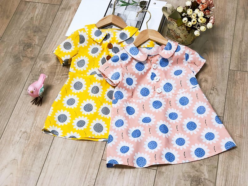 Hand-made children&#39;s summer. Sunflower short-sleeved round-neck cotton girl&#39;s shirt one-piece dress with optional colors