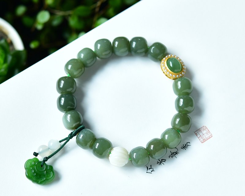 新款美貨  天然和田玉老型珠手鏈 配古法金 碧玉如意 菩提配飾 - 手鍊/手環 - 玉石 