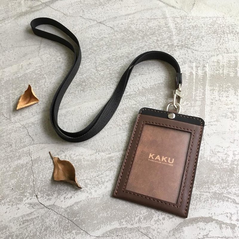 KAKU leather design identification card holder clip nylon neckband single layer style deep coffee - ที่เก็บพาสปอร์ต - หนังแท้ สีนำ้ตาล
