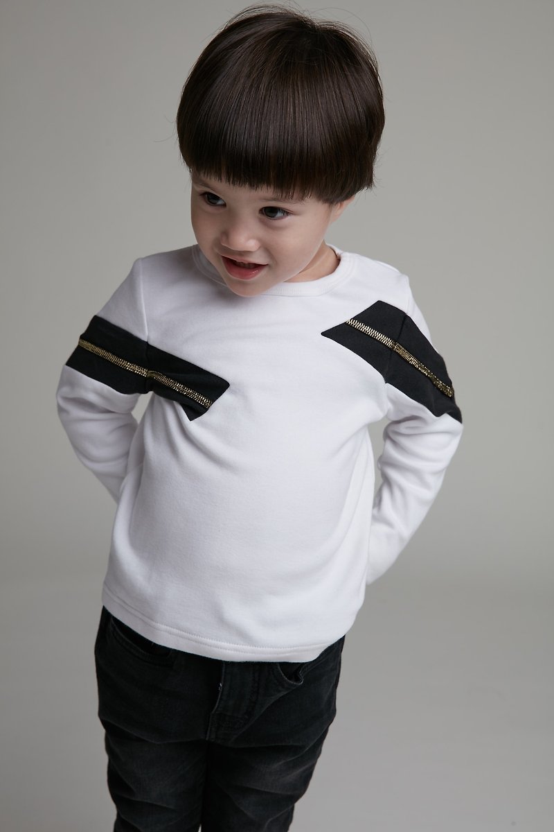Rock personality zipper stitching top (white) - เสื้อยืด - ผ้าฝ้าย/ผ้าลินิน ขาว