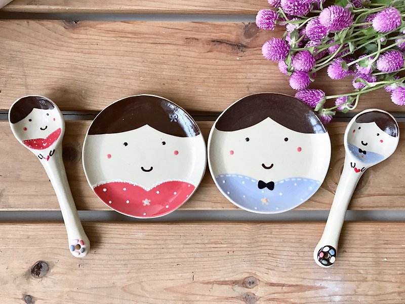 Sweet little couple spoon plate group (no name) - จานเล็ก - ดินเผา สึชมพู