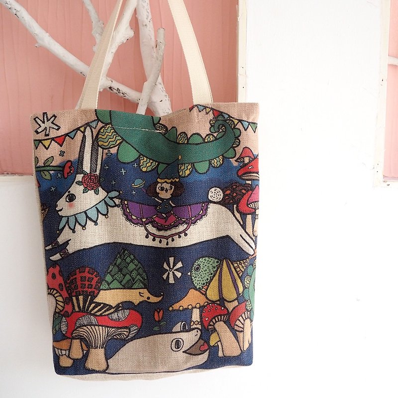 Shoulder cotton Linen shopping bag flying rabbit - Messenger Bags & Sling Bags - Cotton & Hemp Pink