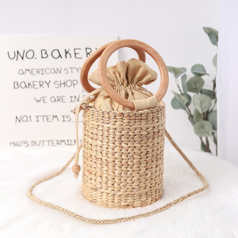 Bucket Bag, Straw Crossbody Bag, Handbag Purse, Woven Bag with Wooden handles