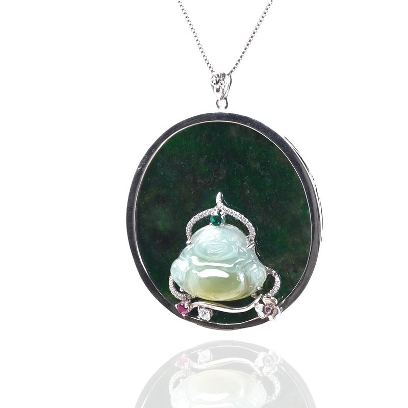 Ice Jade Maitreya Buddha Design Necklace 925 Sterling Silver | Natural Burmese Jade A Grade Jade | Gift - สร้อยคอ - หยก หลากหลายสี