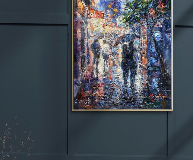 ニューヨーク オリジナル絵画 夜の雨都市景観アート キャンバス油