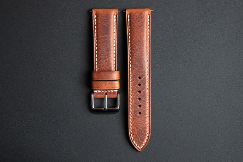 Cognac Brown Wax cowhide leather custom watch strap (Padded design) - 錶帶 - 真皮 咖啡色