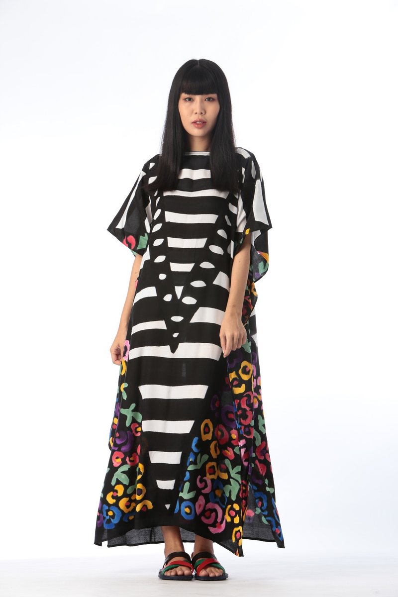 Hand Painted Cotton Silk Kaftan for Summer Resort Vacation F - 洋裝/連身裙 - 棉．麻 多色