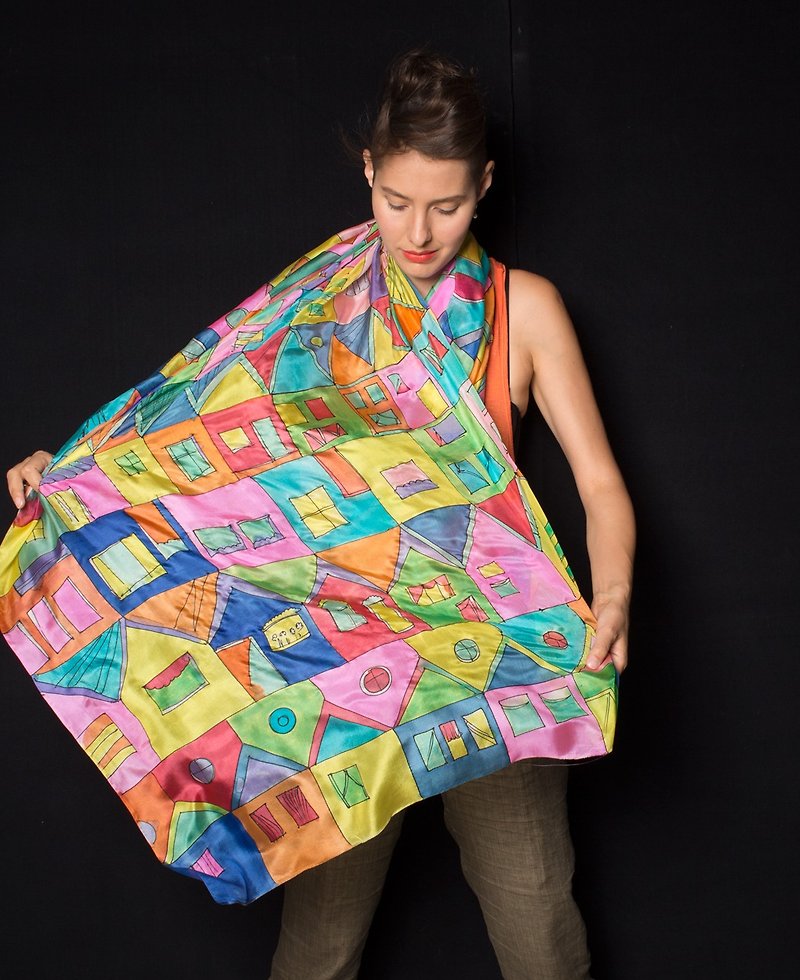 Silk Shawl Hand painted- Crazy Town. Hundertwasser scarf. Luxury Silk Scarf Wrap