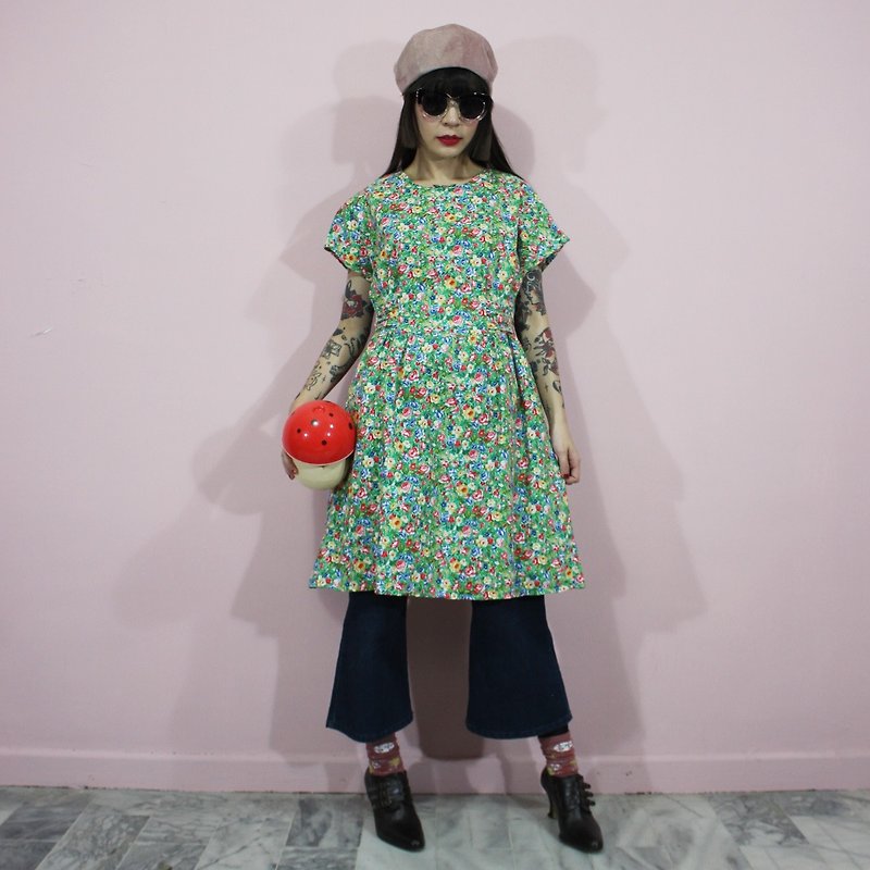 (Vintage洋裝)綠色夏日草原附腰綁帶日本古著洋裝(生日禮物)F3241 - 連身裙 - 棉．麻 綠色