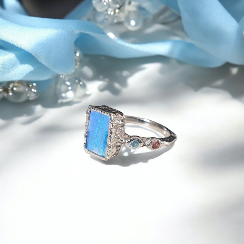 Australian Opal ring with Blue topaz, Pink tourmaline, Silver 925 setting - General Rings - Gemstone Blue