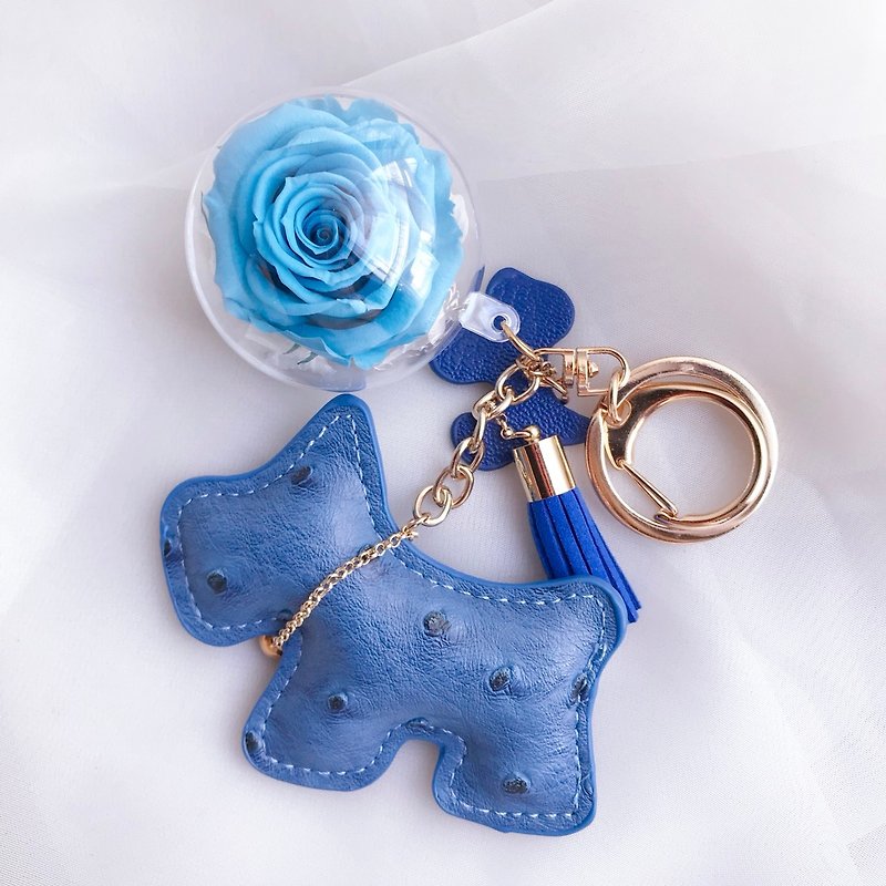 Dog eternal flower charm blue key ring Valentine's Day gift New Year gift - Keychains - Plants & Flowers Blue