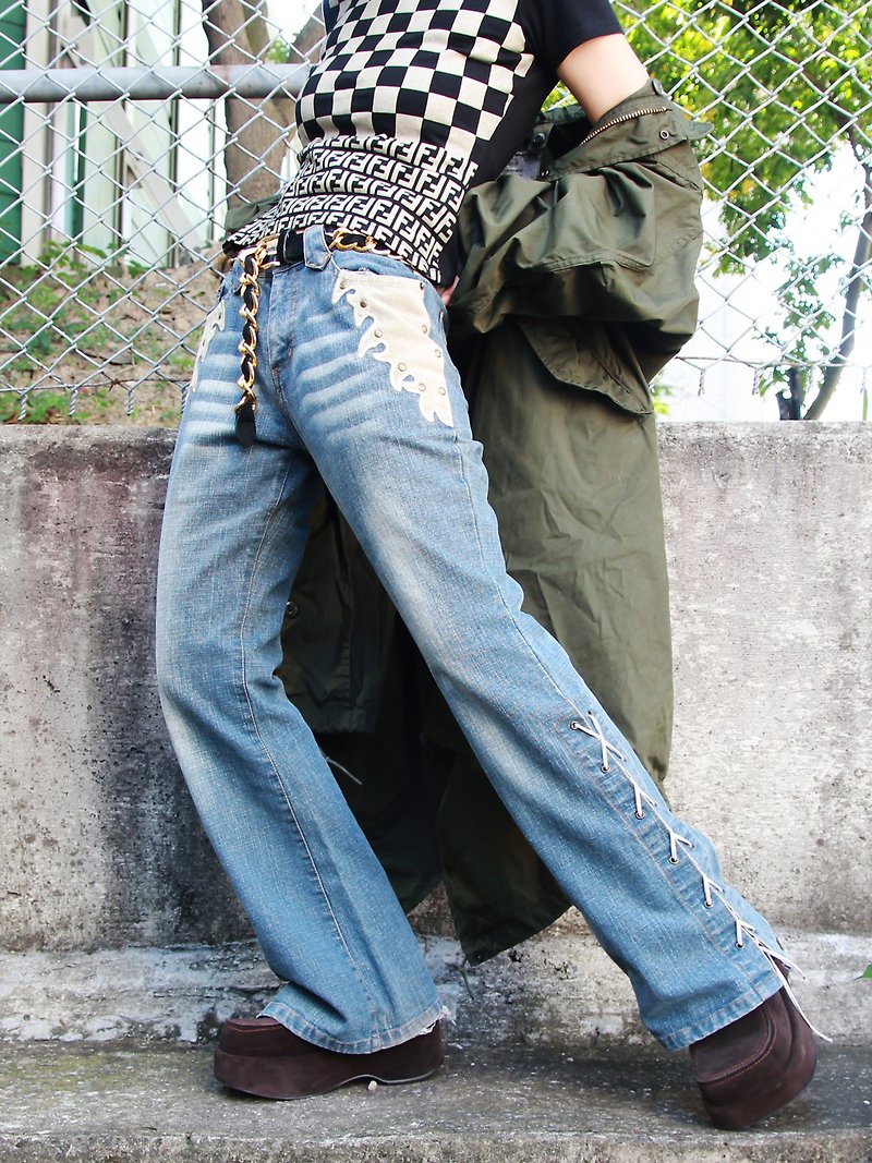 ///Fatty bone/// 90s 2000s stitching brush color denim small flare pants Vintage - Women's Pants - Other Materials 