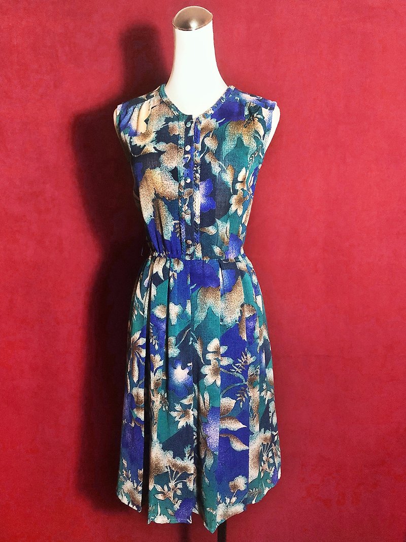 渲染花朵無袖古著洋裝/ 國外帶回 VINTAGE - 洋裝/連身裙 - 聚酯纖維 藍色
