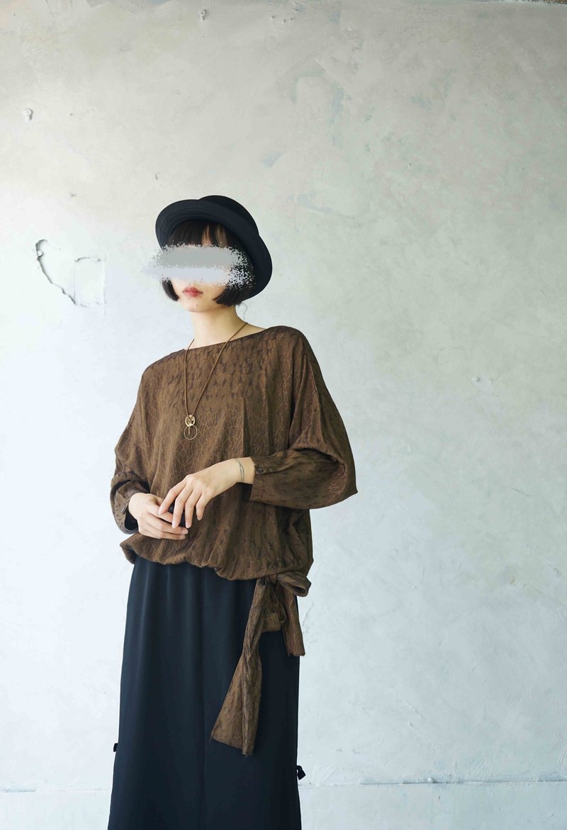 尋寶古著-復古優雅古銅金腰綁帶寬鬆上衣 - 女上衣/長袖上衣 - 聚酯纖維 咖啡色