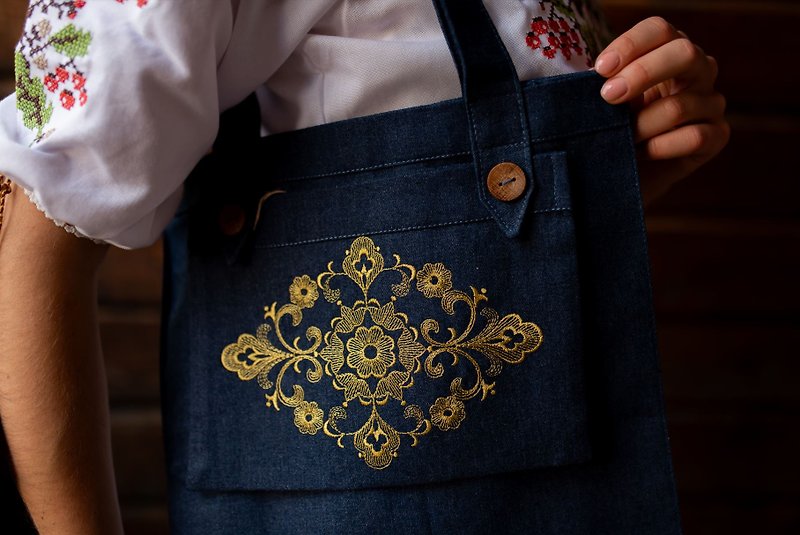 Navy embroidered tote bag floral, Linen bags for women, Floral shoulder bags - กระเป๋าถือ - ผ้าฝ้าย/ผ้าลินิน สีน้ำเงิน