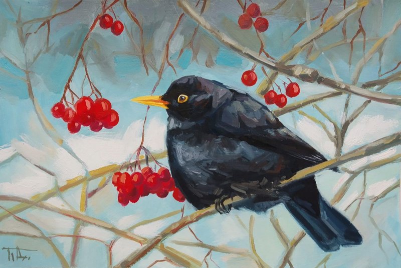 Original Oil Painting Bird Blackbird in Fieldfare in Winter 6x9 inches - ตกแต่งผนัง - กระดาษ หลากหลายสี