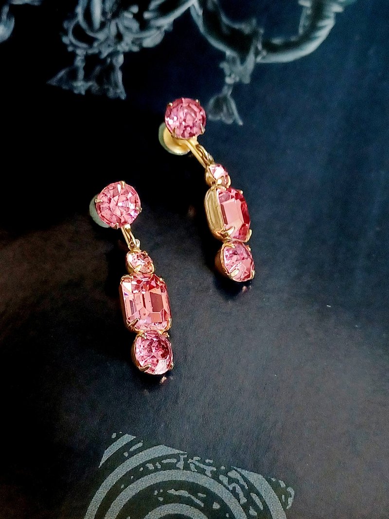 vintage jewelry elegant draped pink rhinestone clip-on earrings - ต่างหู - โลหะ 