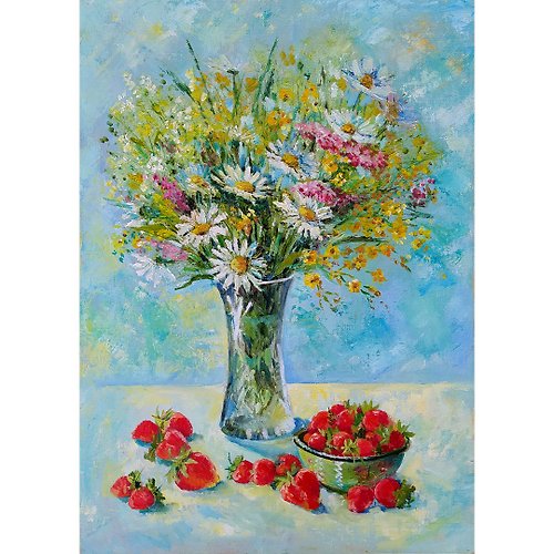 AZA-Art Daisy Painting Flowers Original Art Bouquet of flowers Wild flowers and berries