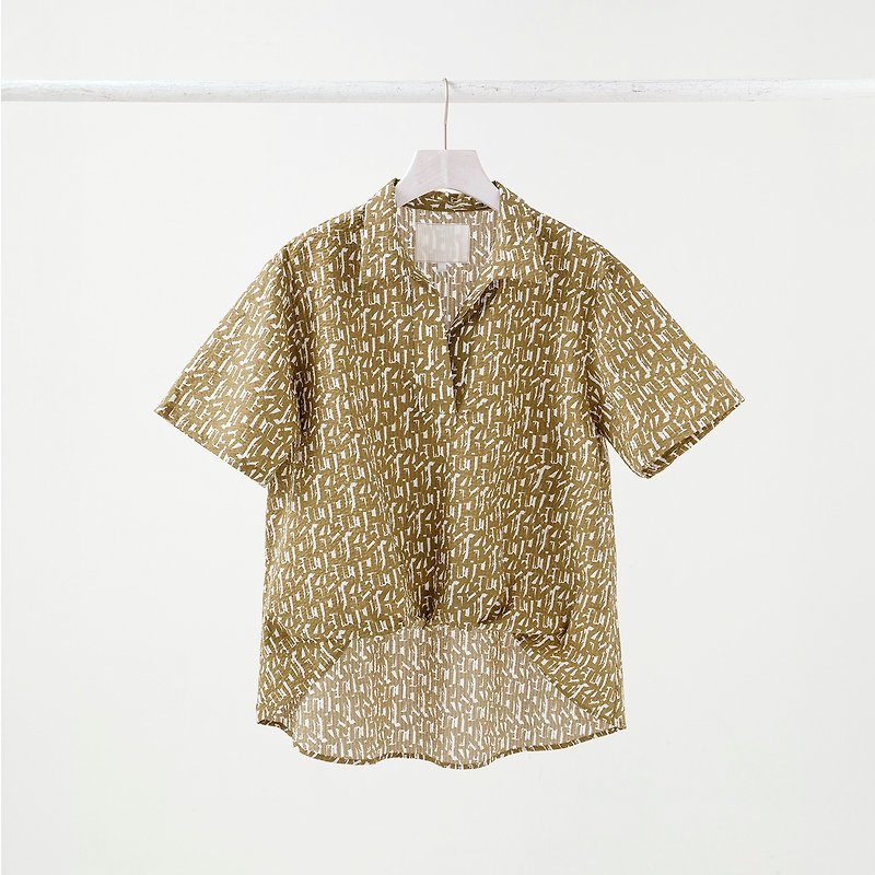 Short front and long back geometric print top - เสื้อผู้หญิง - ผ้าฝ้าย/ผ้าลินิน สีกากี
