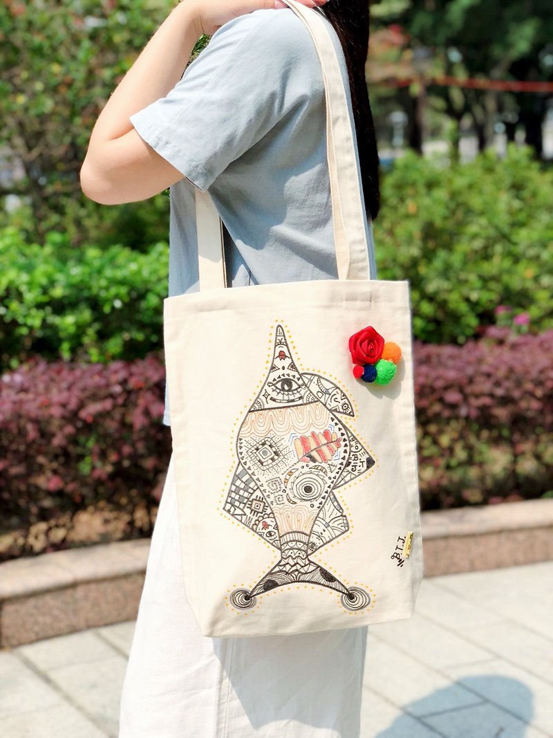 Cotton Canvas Hand Painted Tote-bag Fish with Tattoo - Messenger Bags & Sling Bags - Cotton & Hemp White