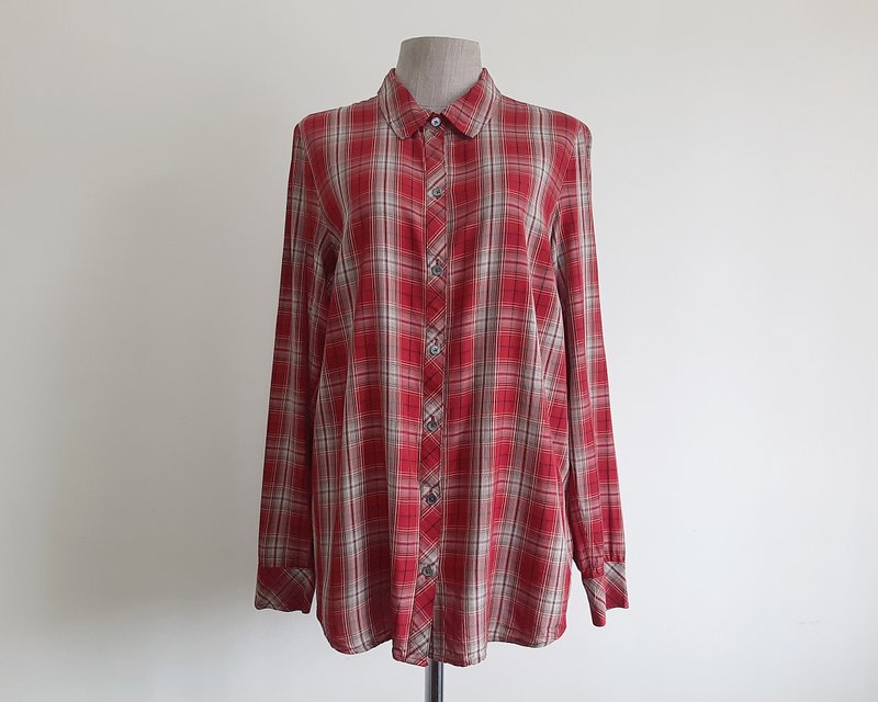 Medium Vintage J.JILL Red Plaid Shirt Womens Long Sleeve Tartan Blouse M - 女上衣/長袖上衣 - 聚酯纖維 紅色