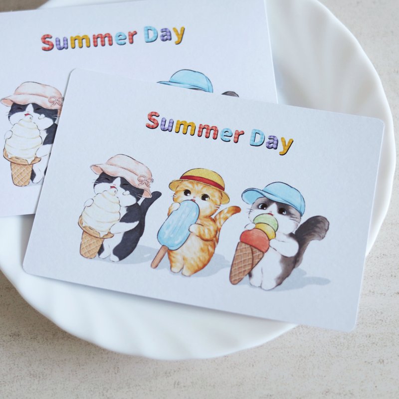 Cats eating ice in summer postcard card universal card cat cute cat - การ์ด/โปสการ์ด - กระดาษ ขาว