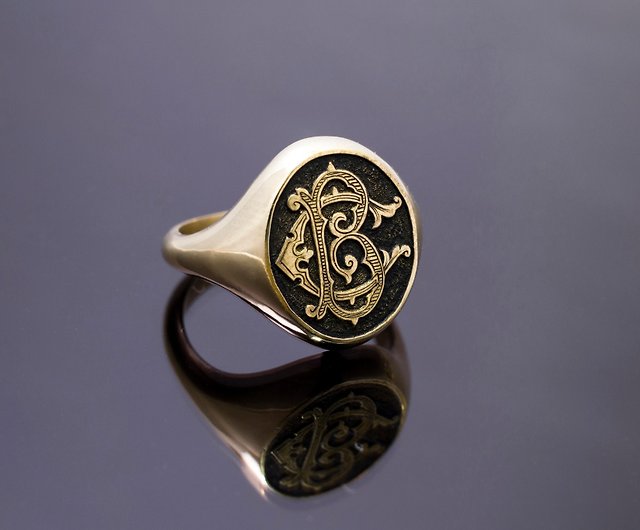 Script Monogram signet ring - Hand engraving Gentleman Style