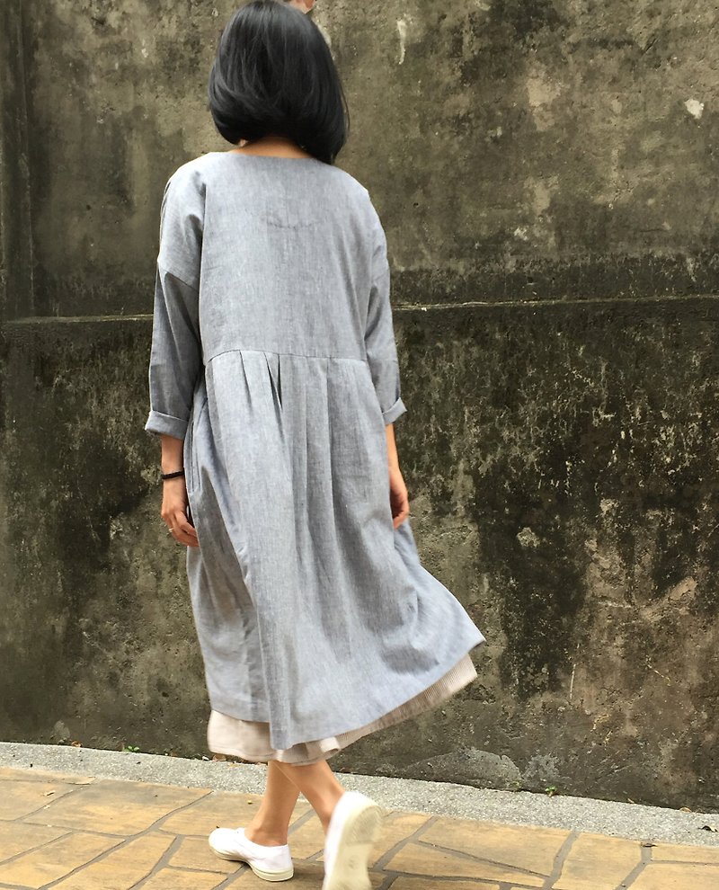 [Quiet Daylight] bankbook gray blue cotton long-sleeved dress cardigan - One Piece Dresses - Cotton & Hemp Gray