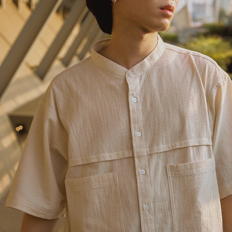 Natural White Cotton Mandarin Collar Shirts - Men's Shirts - Cotton & Hemp White