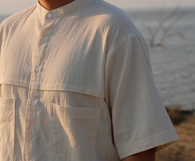 Natural White Cotton Linen Mandarin Collar Shirt –